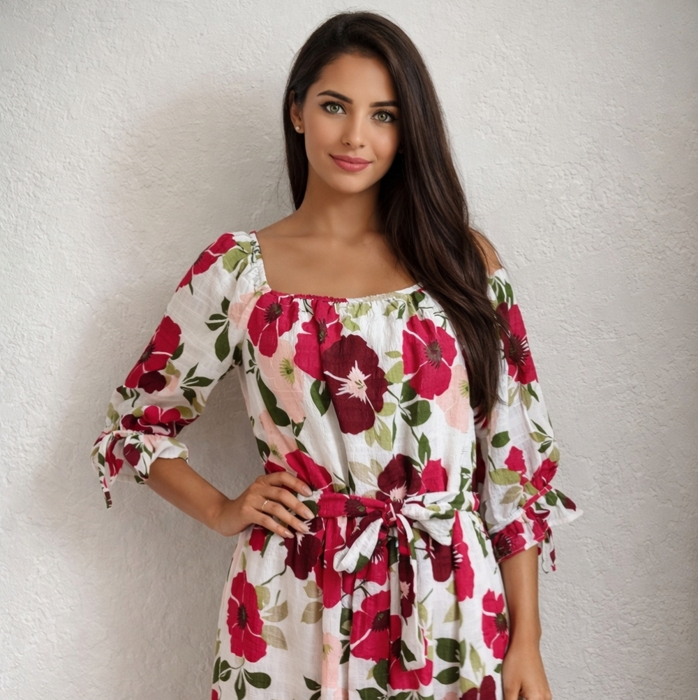 Hope Springs Watercolor Floral Midi Dress 3/4 Sleeves NWOT SZ: L